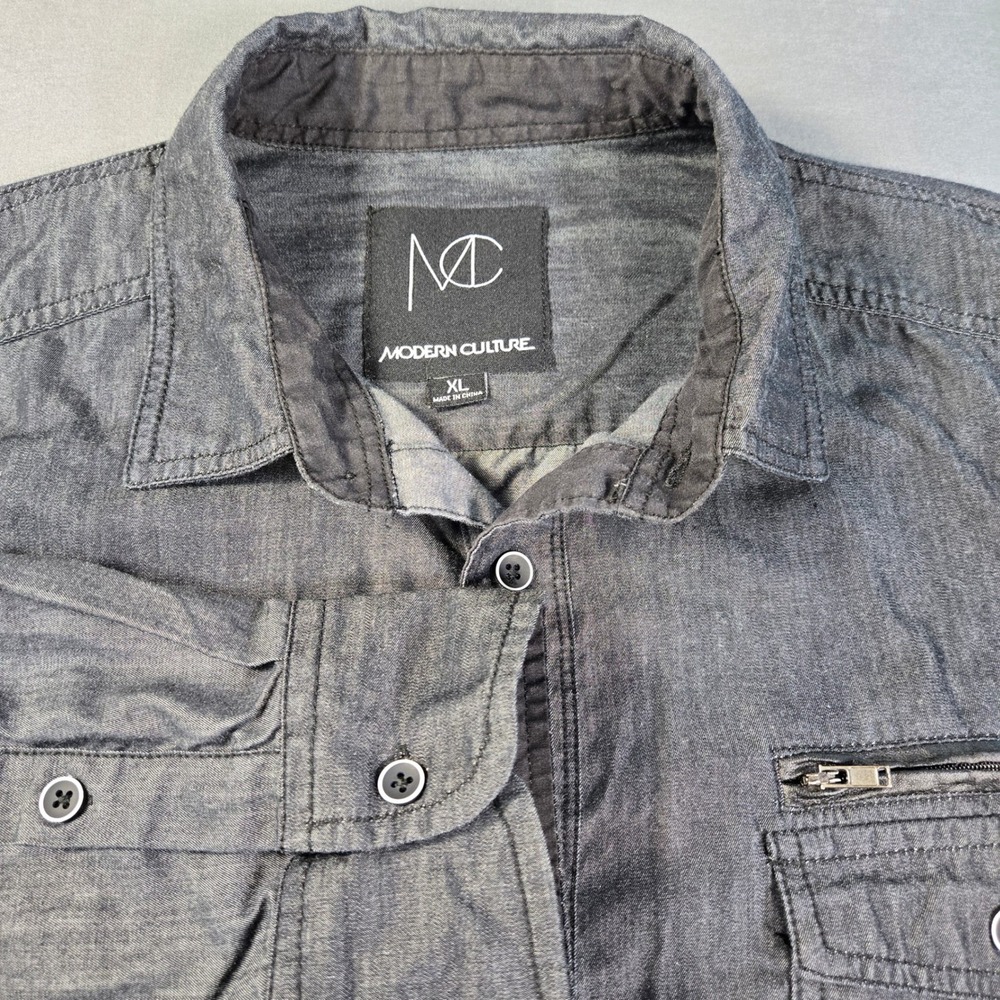 Modern Culture Men's XL Gray Long Sleeve Button Down Utility Shirt Zipper Pocket